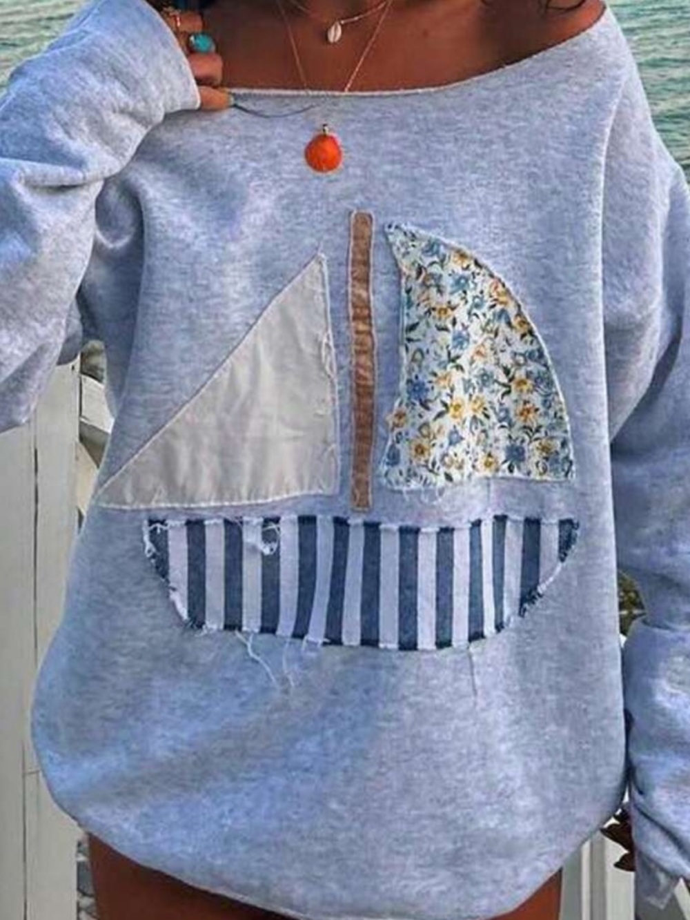 Boho Sailboat Patchwork  shabby chic  Sweatshirt - Light Gray! L